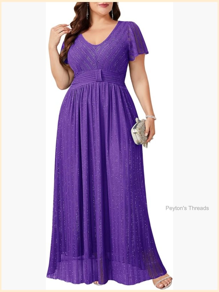 Plus Size Sparkly Lace V Neck Maxi Formal Evening Gown Wedding Guest Dress